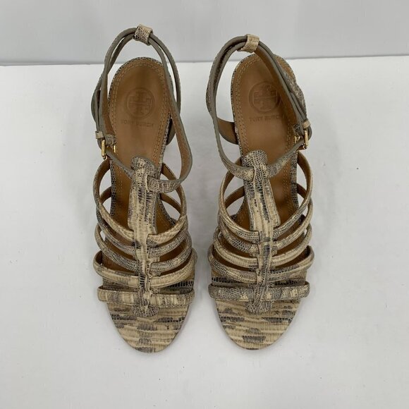Tory Burch Charlene leather cream snake strappy heel sandal cage tan 8.5 - Picture 4 of 7